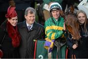 10 March 2015; JP McManus with his daughter Sue Ann and jockey Jamie Codd after winning the National Hunt Steeplechase with Cause of Cause. Cheltenham Racing Festival 2015, Prestbury Park, Cheltenham, England. Picture credit: Matt Browne / SPORTSFILE
