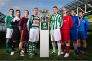 10 March 2015; Players, from left to right, Craig Condon, Clonmel Celtic, Keith Nibbs, City United, Co. Sligo, Mark Ludlow, Donnycarney FC, Co. Dublin, Jimmy Hynes, Nenagh Celtic, David Slattery, St Michael’s Tipperary, Keith Colbert, Moyross United, Co. Limerick, Philip O'Connor, Liffey Wanderers, Co. Dublin, and Jason Murphy, North End United, Co. Wexford, pictured ath the Aviva Stadium today for the launch and draw of the FAI Junior Cup Quarter Finals, in association with Aviva and Umbro. The FAI Junior Cup Final will take place at the Aviva Stadium for the third year on May 17th.  It was also announced that all seven games from the Quarter Finals through to the Final will be covered for TV across Setanta Sports, TG4 and Irish TV. For more information www.aviva.ie/faijuniorcup. FAI Junior Cup Quarter Final Launch and Draw, Aviva Stadium, Lansdowne Road, Dublin. Picture credit: David Maher / SPORTSFILE