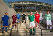 10 March 2015; Players, from left to right, Philip O'Connor, Liffey Wanderers, Co. Dublin, Mark Ludlow, Donnycarney FC, Co. Dublin, Jason Murphy, North End United, Co. Wexford, Keith Nibbs, City United, Co. Sligo, Craig Condon, Clonmel Celtic, Keith Colbert, Moyross United, Co. Limerick, Jimmy Hynes, Nenagh Celtic, and David Slattery, St Michael’s Tipperary, pictured the Aviva Stadium today for the launch and draw of the FAI Junior Cup Quarter Finals, in association with Aviva and Umbro. The FAI Junior Cup Final will take place at the Aviva Stadium for the third year on May 17th.  It was also announced that all seven games from the Quarter Finals through to the Final will be covered for TV across Setanta Sports, TG4 and Irish TV. For more information www.aviva.ie/faijuniorcup. FAI Junior Cup Quarter Final Launch and Draw, Aviva Stadium, Lansdowne Road, Dublin. Picture credit: David Maher / SPORTSFILE