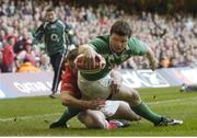 4 February 2007; Ireland's Brian O'Driscoll goes over to score his side's second try. RBS Six Nations Championship, Wales v Ireland, Millennium Stadium, Cardiff, Wales. Picture credit: Pat Murphy / SPORTSFILE