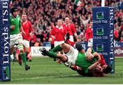 20 February 1999; Keith Wood, Ireland, goes over for a try. Five Nations Rugby Championship, Ireland v Wales, Wembley Stadium, London, England. Picture credit: Matt Browne / SPORTSFILE