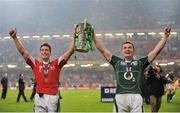 21 March 2009; Ireland's Ronan O'Gara, left, and Brian O'Driscoll celebrate with the RBS Six Nations Championship Trophy. RBS Six Nations Championship, Wales v Ireland, Millennium Stadium, Cardiff, Wales. Picture credit: Matt Browne / SPORTSFILE