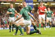 21 March 2009; Jamie Heaslip, Ireland, celebrates with try scorer Tommy Bowe after he scores the second try against Wales. RBS Six Nations Championship, Wales v Ireland, Millennium Stadium, Cardiff, Wales. Picture credit: Matt Browne / SPORTSFILE
