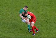 8 February 2014; Brian O'Driscoll, Ireland, is tackled by Scott Williams, Wales. RBS Six Nations Rugby Championship, Ireland v Wales, Aviva Stadium, Lansdowne Road, Dublin. Picture credit: Brendan Moran / SPORTSFILE