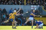 8 March 2015; Seamus Callanan, Tipperary, in action against David McInerney, left, and Patrick O'Connor, Clare. Allianz Hurling League, Division 1A, Round 3, Clare v Tipperary. Cusack Park, Ennis, Co. Clare. Picture credit: Diarmuid Greene / SPORTSFILE