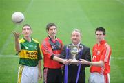 20 February 2008; At the launch of the Cadbury U21 Football Championship 2008 which kicks off this week are, from left, Killian Young, Kerry, James Colgan, Down, Nickey Brennan, GAA President, and Sean Cahalane, Cork, current holders. For more information on the Cadbury U21 Football Championship see www.cadburygaau21.com. Croke Park, Dublin. Picture credit: Pat Murphy / SPORTSFILE  *** Local Caption ***