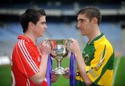 20 February 2008; Neighbourly rivalry begins at U21 level as Cork's Sean Cahalane and Kerry's Killian Young go head to head at the launch of the Cadbury U21 Football Championship which kicks off this week. For more information on the Cadbury U21 Football Championship see www.cadburygaau21.com. Croke Park, Dublin. Picture credit: Pat Murphy / SPORTSFILE  *** Local Caption ***
