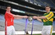 20 February 2008; Neighbourly rivalry begins at U21 level as Cork's Sean Cahalane and Kerry's Killian Young go head to head at the launch of the Cadbury U21 Football Championship 2008 which kicks off this week. For more information on the Cadbury U21 Football Championship see www.cadburygaau21.com. Croke Park, Dublin. Picture credit: Pat Murphy / SPORTSFILE  *** Local Caption ***