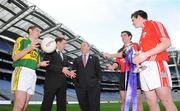 20 February 2008; At the launch of the Cadbury U21 Football Championship 2008 which kicks off this week are, from left, Killian Young, Kerry, Michael O'Domhnaill, TG4, Cadbury Hero of the Future judge, Nickey Brennan, GAA President, James Colgan, Derry, and Sean Cahalane, Cork, current holders. For more information on the Cadbury U21 Football Championship see www.cadburygaau21.com. Croke Park, Dublin. Picture credit: Pat Murphy / SPORTSFILE  *** Local Caption ***
