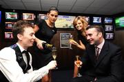 22 February 2008; Celebrating the odds with Victor Chandler - Snooker ace Ken Doherty celebrating the official opening of Victor Chandler's new luxury betting lounge, at 5 Merrion Row, Dublin 2, with Turlough Lally, right, Marketing Manager of Victor Chandler Ireland, and models Ruth O'Neill, second from right, and Lynn Kelly. Merrion Row, Dublin. Picture credit: David Maher / SPORTSFILE  *** Local Caption ***