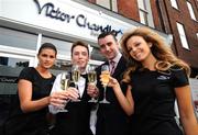 22 February 2008; Celebrating the odds with Victor Chandler - Snooker ace Ken Doherty celebrating the official opening of Victor Chandler's new luxury betting lounge, at 5 Merrion Row, Dublin 2, with Turlough Lally, second from right, Marketing Manager of Victor Chandler Ireland, and models Ruth O'Neill, right, and Lynn Kelly. Merrion Row, Dublin. Picture credit: David Maher / SPORTSFILE  *** Local Caption ***