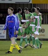 26 February 2008; George O'Callaghan, Cork City, celebrates with team-mates, from left, Joe Gamble, Dan Murray and Darragh Ryan after scoring his side's second goal. Setanta Cup, Dungannon Swifts v Cork City, Stangmore Park, Dungannon, Co. Tyrone. Picture credit; Oliver McVeigh / SPORTSFILE