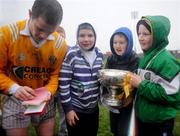 3 February 2008; Antrim captain Sean Delargy signs autographs for young fans after the match. Antrim v Offaly, Walsh Cup Final, Casement Park, Belfast, Co. Antrim. Picture credit; Brian Lawless / SPORTSFILE