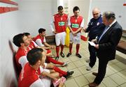 27 February 2008; Brian Kerr, right, director of football at St. Patrick's Athletic, with manager Johnny McDonnell, second from right, speaking  to players, left to right, David Partridge, Jamie Harris, Bobby Ryan, Damian Lynch, Joe O'Cearuill and Dessie Byrne, in their team dressing room after a press conference. St. Patrick's Athletic Press Conference, Stadium of Light, Inchicore. Picture credit; David Maher / SPORTSFILE