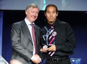 27 February 2008; Soccer winner Sean Scannell receives his award from Manchester United manager Alex Ferguson at the Irish Examiner National Junior Sports Stars Awards, Round Room, Mansion House, Dublin. Picture credit; Brendan Moran / SPORTSFILE