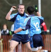 27 February 2008; Thomas McCann, UUJ no.12, celebrates with Andy Moran, after scoring the first goal. Ulster Bank Sigerson Cup Senior Football Quarter-Final, QUB v UUJ. The Dub Queen's University, Belfast, Co. Antrim. Picture credit; Oliver McVeigh / SPORTSFILE