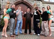 28 February 2008; Former EBU Super Bantamweight champion Bernard Dunne, centre, pictured with, from left to right, model Angela Duggan, boxers Michael Sweeney, Keith Cresham, Mike Perez, Damien Taggart and model Vivienne Fallon at a press conference to announce the next Hunky Dory's fight night. Breaffy House Hotel, Castlebar, Mayo. Picture credit; Michael Donnelly / SPORTSFILE