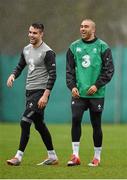 12 March 2015; Ireland's Conor Murray, left, with Simon Zebo during squad training. Carton House, Maynooth, Co. Kildare. Picture credit: Brendan Moran / SPORTSFILE