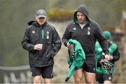12 March 2015; Ireland head coach Joe Schmidt, left, arrives for squad training with Mike Ross. Carton House, Maynooth, Co. Kildare. Picture credit: Brendan Moran / SPORTSFILE