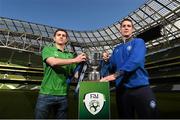 13 March 2015; David Vickery, left, Firhouse Clover, and James Lee, Crumlin United in attendance at the FAI Umbro Intermediate Cup Semi-Final Draw. Aviva Stadium, Lansdowne Road, Dublin. Photo by Sportsfile