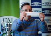 13 March 2015; Terry Cassin, Umbro, pulls out the name of Firhouse Clover F.C. during the FAI Umbro Intermediate Cup Semi-Final Draw. Aviva Stadium, Lansdowne Road, Dublin. Photo by Sportsfile