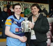 24 February 2008; University College Dublin captain Susie O'Carroll receives the Ashbourne Cup from Neasa O'Donnell, President CCAO, 3rd Level Colleges Camogie. 2008 Ashbourne Cup Final, University College Dublin v Waterford IT, Casement Park, Belfast, Co. Antrim. Picture credit: Oliver McVeigh / SPORTSFILE