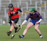 24 February 2008; Jill Horan, University College Cork, in action against Fiona Lafferty, University of Limerick. 2008 Ashbourne Shield Final, University of Limerick v University College Cork, Casement Park, Belfast, Co. Antrim. Picture credit: Oliver McVeigh / SPORTSFILE