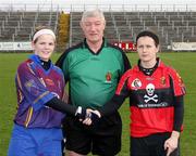 24 February 2008; Referee Frank McDonald with University of Limerick Captain, Siobhan Murphy, and University College Cork Captain, Jill Horan. 2008 Ashbourne Shield Final, University of Limerick v University College Cork, Casement Park, Belfast, Co. Antrim. Picture credit: Oliver McVeigh / SPORTSFILE