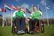 26 February 2008; The Paralympic Council of Ireland launched their Paralions programme aimed at encouraging young people with a physical disability to become involved in Paralympic Sport and unearth potential Irish athletes for the London 2012 Paralympic Games and beyond. The idea behind Paralions is to try and make people aware that Paralympic sport in its many forms e.g. cycling, athletics, swimming, sailing, wheelchair basketball etc... exists across the country, is accessible, can offer incalculable benefits, as well as the dream scenario; the opportunity to represent Ireland at the Paralympic Games. For more details visit www.pcireland.ie or call the Paralympic Council of Ireland on 01-6251175. Ireland has a proud tradition at Paralympic level returning from the Athens Games with four medals. The 2008 Paralympic Games get underway on September 6th in Beijing with the Irish team for the Games currently standing at approximately 33 in number. At the launch are Gareth Culliton, Discuss F52, left, from Laois, and John McCarthy, Discus F51 and Club, from Cork. Clarion Hotel Dublin Airport, Dublin Airport, Dublin. Picture credit: Brian Lawless / SPORTSFILE  *** Local Caption ***