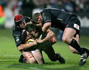 29 February 2008; Isaac Boss, Ulster, in action against Lou Reed and Lestyn Thomas, Llanelli Scarlets. Magners League, Ulster v Llanelli Scarlets, Ravenhill Park, Belfast, Co. Antrim. Picture credit: Oliver McVeigh / SPORTSFILE