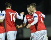13 March 2015; Christy Fagan, second from right, St Patrick's Athletic, celebrates after scoring his side's third goal with team-mates James Chambers, left and Greg Bolger. SSE Airtricity League Premier Division, St Patrick's Athletic v Bray Wanderers, Richmond Park, Dublin. Picture credit: David Maher / SPORTSFILE