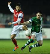 13 March 2015; James Chambers, St Patrick's Athletic, in action against Michael Barker, Bray Wanderers. SSE Airtricity League Premier Division, St Patrick's Athletic v Bray Wanderers, Richmond Park, Dublin. Picture credit: David Maher / SPORTSFILE