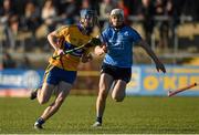 14 March 2015; Bobby Duggan, Clare, in action against Liam Rushe, Dublin. Allianz Hurling League Division 1A Round 4, Clare v Dublin. Cusack Park, Ennis, Co. Clare. Picture credit: Diarmuid Greene / SPORTSFILE