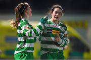 14 March 2015; Emma Hansberry, Castlebar Celtic, with teammate Katie Melly, right, after scoring her side's second goal against Peamount United. Continental Tyres Women's National League, Castlebar Celtic v Peamount United, Celtic Park, Castlebar, Co. Mayo. Picture credit: Pat Murphy / SPORTSFILE