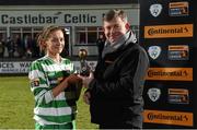 14 March 2015; Castlebar Celtic's Catherine Hyndman is presented with her player of the match award by Eddie Ryan, Advance Pitstop, Marketing Director. Continental Tyres Women's National League, Castlebar Celtic v Peamount United, Celtic Park, Castlebar, Co. Mayo. Picture credit: Pat Murphy / SPORTSFILE