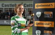 14 March 2015; Castlebar Celtic's Catherine Hyndman with her player of the match award. Continental Tyres Women's National League, Castlebar Celtic v Peamount United, Celtic Park, Castlebar, Co. Mayo. Picture credit: Pat Murphy / SPORTSFILE
