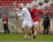 15 March 2015; Damien Casey, Tyrone, in action against Roger Maher, Louth. Allianz Hurling League, Division 3A, Round 4, Tyrone v Louth, Healy Park, Omagh, Co. Tyrone. Picture credit: Oliver McVeigh / SPORTSFILE