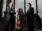 29 February 2008; Drogheda United manager Paul Doolin with the eircom league trophy and Bohemians manager Pat Fenlon, right, at the launch of the 2008 eircom League of Ireland season. Irish Management Institute, Sandyford, Dublin. Picture credit: Pat Murphy / SPORTSFILE