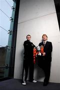 29 February 2008; Sporting Fingal Director of Football Liam Buckley with Conan Byrne, left, and the eircom League First Division trophy at the launch of the 2008 eircom League of Ireland season. Irish Management Institute, Sandyford, Dublin. Picture credit: Pat Murphy / SPORTSFILE