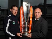 29 February 2008; St. Patrick Athletic's David Partridge, left, with manager John McDonnell and the eircom league Premier Division trophy at the launch of the 2008 eircom League of Ireland season. Irish Management Institute, Sandyford, Dublin. Picture credit: Pat Murphy / SPORTSFILE