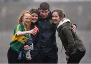 15 March 2015; Kerry supporters Leana O'Shea, Eimear Brosnan and Blathnaid Cotter, all from Tralee, Co.Kerry, have their picture taken with manager Eamonn Fitzmaurice at the end of the game. Allianz Football League, Division 1, Round 5, Kerry v Donegal, Austin Stack Park, Tralee, Co. Kerry. Picture credit: David Maher / SPORTSFILE