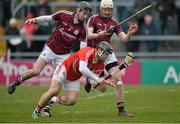 15 March 2015; Cork's Paudie O'Sullivan scores a goal despite the challenge from Padraig Mannion and John Hanbury, Galway. Allianz Hurling League Division 1A Round 4, Galway v Cork. Pearse Stadium, Galway. Picture credit: Ray Ryan / SPORTSFILE