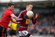 15 March 2015; Shane Dempsey, Westmeath, in action against Peter Turley, Down. Allianz Football League, Division 2, Round 5, Westmeath v Down, Cusack Park, Mullingar, Co. Westmeath. Picture credit: Matt Browne / SPORTSFILE