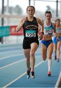 15 March 2015; Marie McCarthy, Farranfore Maine Valley AC, Co. Kerry, leads Pauline Curley, Tullamore Harriers AC, on her way to winning the Women's 3000m event, during the GloHealth National Masters Indoor Track and Field Championships. Athlone International Arena, Athlone, Co. Westmeath. Picture credit: Tomás Greally / SPORTSFILE