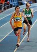 15 March 2015; Eugene Moynihan, Marian AC, Co. Clare, leads Robert Bigger, Derry City Track Club, on his way to winning the Men's 800m event, during the GloHealth National Masters Indoor Track and Field Championships. Athlone International Arena, Athlone, Co. Westmeath. Picture credit: Tomás Greally / SPORTSFILE