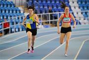 15 March 2015; Denise Toner, left, Clones AC, Co. Monaghan, leads Kelly Neely, City of Lisburn AC, on her way to winning the Women's 800m event, during the GloHealth National Masters Indoor Track and Field Championships. Athlone International Arena, Athlone, Co. Westmeath. Picture credit: Tomás Greally / SPORTSFILE