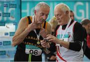15 March 2015; Jim O'Shea, Farranfore Maine Valley AC, Co. Kerry, left, and Padraic Maye, Ballina AC, Co. Mayo, during the GloHealth National Masters Indoor Track and Field Championships. Athlone International Arena, Athlone, Co. Westmeath. Picture credit: Tomás Greally / SPORTSFILE