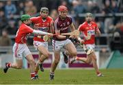 15 March 2015; Johnathan Glynn, Galway, in action against Daniel Kearney and Mark Ellis, Cork. Allianz Hurling League Division 1A Round 4, Galway v Cork. Pearse Stadium, Galway. Picture credit: Ray Ryan / SPORTSFILE
