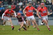 15 March 2015; Jonathan Glynn, Galway in action against Cork players, from left, Daniel Kearney and Mark Ellis and Lorcan McLoughlin. Allianz Hurling League Division 1A Round 4, Galway v Cork. Pearse Stadium, Galway. Picture credit: Ray Ryan / SPORTSFILE