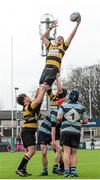 15 March 2015; Conor Moore, Carlow, wins the lineout. Youths U17 Premier League Final, Carlow v Navan, Donnybrook Stadium, Donnybrook, Dublin. Photo by Sportsfile
